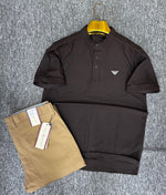 Charger l'image dans la galerie, Ensemble Polo Col Mao Jacquard + Chino Slim – Marron Chocolat & Kaki / Beige