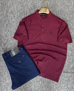 Charger l'image dans la galerie, Ensemble Polo Col Mao Jacquard + Pantalon Slim – Bordeaux &amp; Marine / Bleu Roy
