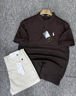 Charger l'image dans la galerie, Ensemble Polo Col Mao Jacquard + Chino Slim – Marron Chocolat &amp; Kaki / Beige
